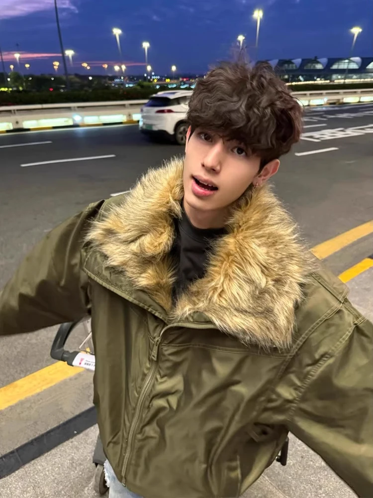 Jaket Katun Retro Amerika Desain Deconstructed Jaet Thiened untuk Pria dan Wanita, Musim Dingin Hangat dengan Kerah Bulu, Desain Kasual Outerwear