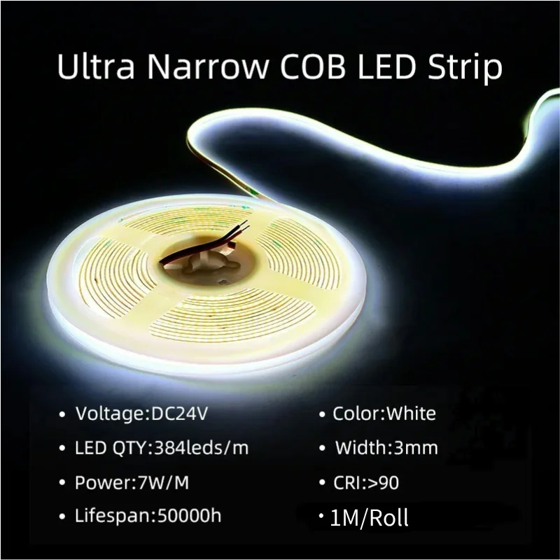 Perekat diri 3mm 5mm Ultra sempit Dimmable Ra90 dapat dipotong 384Led 12V 24V fleksibel Cob Led Strip cahaya