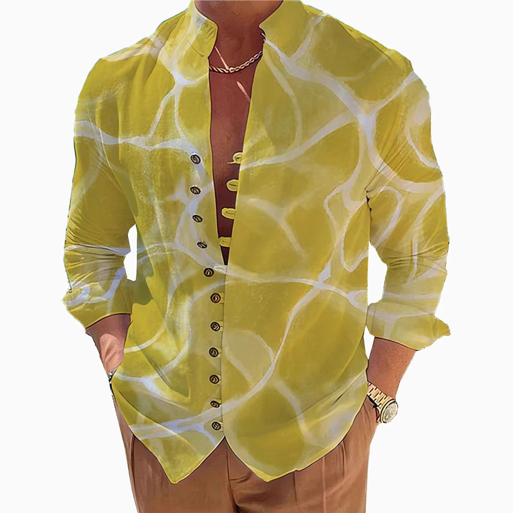 

Mens Casual Print Stand Collar Dress Shirt Long Sleeve Blouse Shirts Tops Tees