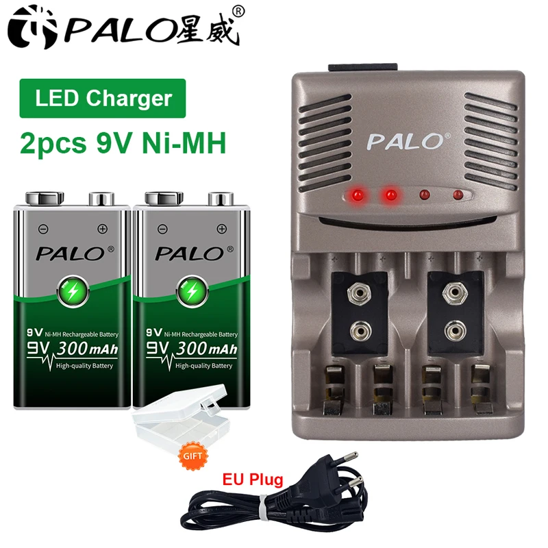 

PALO 9v Crown battery 6f22 300mah nimh rechargeable batteries + 4 slots smart Battery Charger with LED indicated light