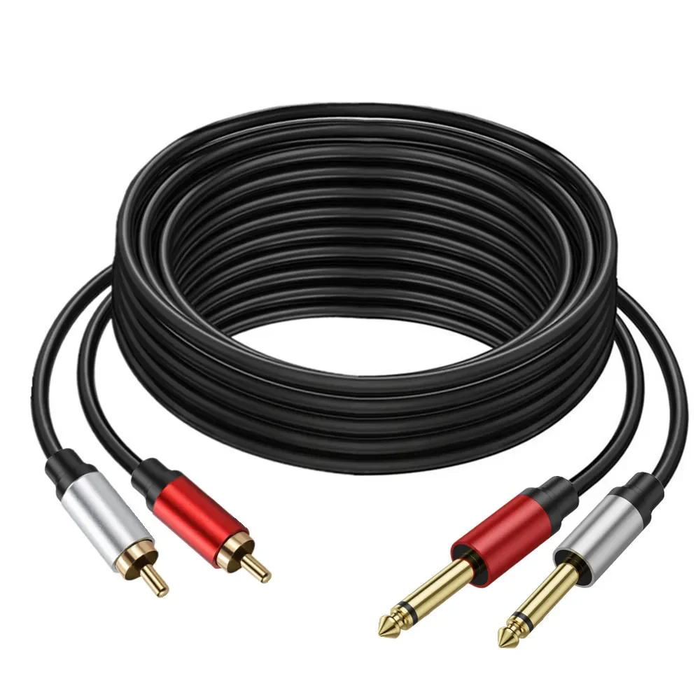 Kabel audio stereo z podwójnym 6.35mm 1/4 TS męskim złączem na podwójny RCA męski, pozłacana miedziana obudowa, do głośników, wzmacniaczy i mikserów. — zdjęcie produktu 6