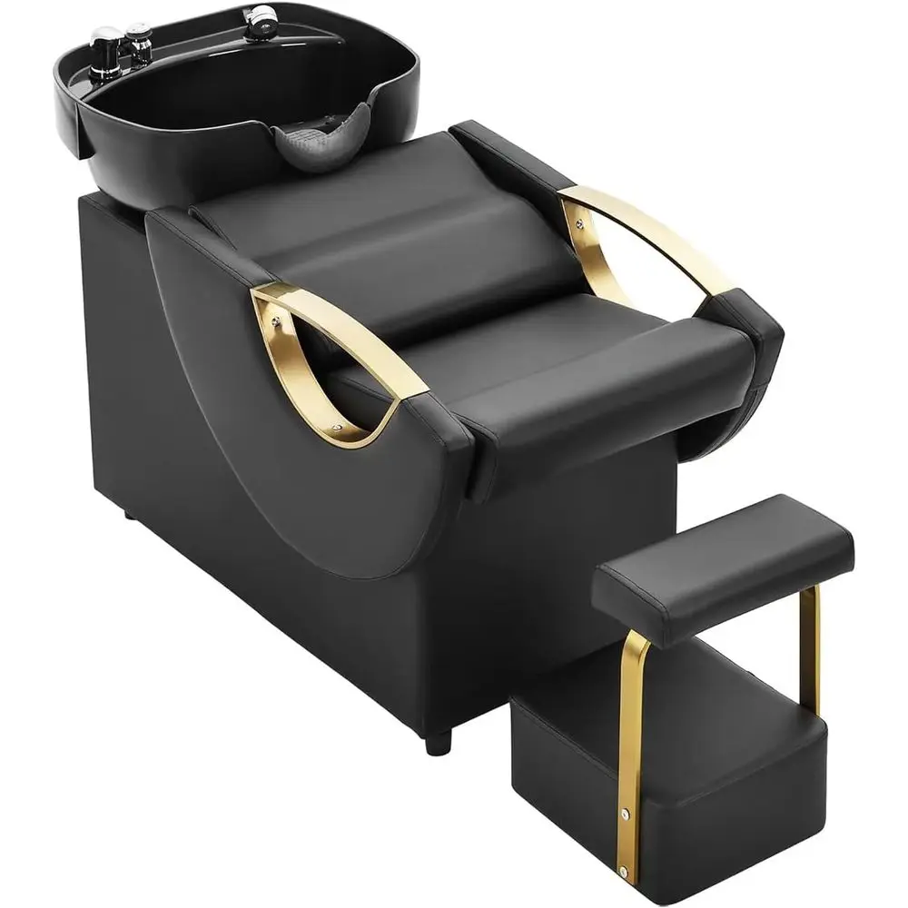 

Luxury Black & Gold Hair Washing Chair Set with Stool, 450lbs Capacity, Deep ABS Basin for Salon & Spa Use