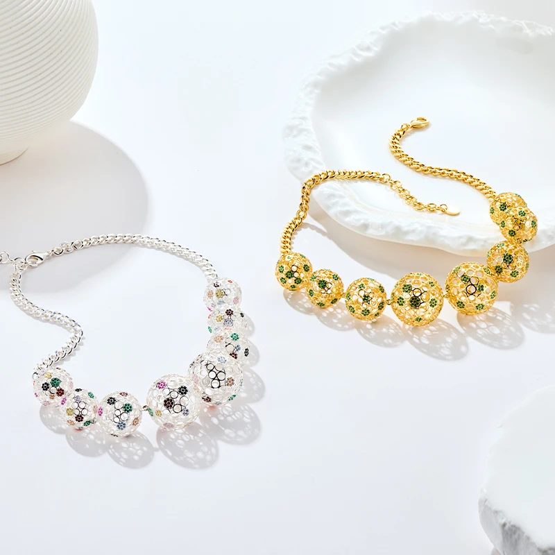 IVOG Multi Spherical Hollowed out Combination Necklace For Women Inlaid with Colorful Zircon Stones Necklace Fashion Jewelry