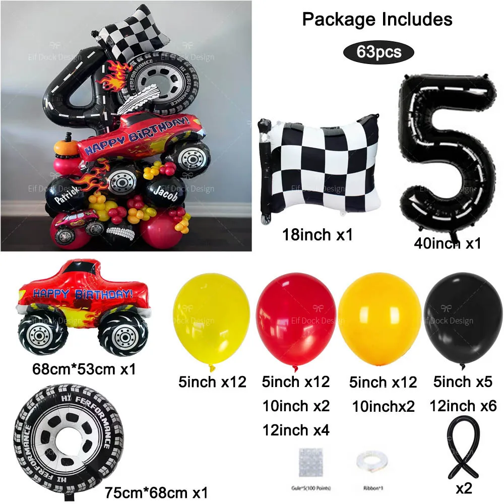 1Set Big Monster Truck Tire Flag Balloon Car Themed Birthday Foil Balloon Dump Truck Helium Balloon Boy Birthday Party Decoratio view 6