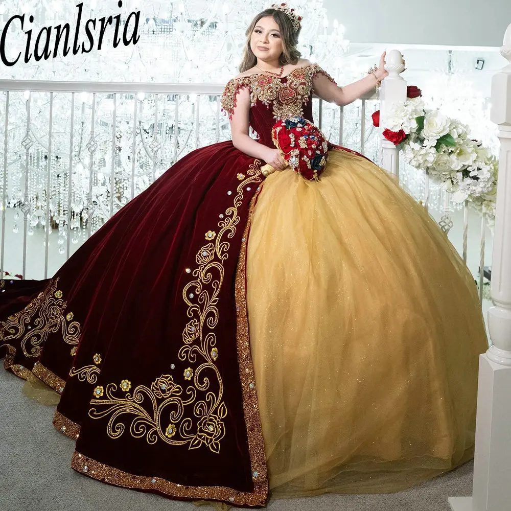 Cinderella Beading Crystal Mexican Quinceanera Dress Ball Gown Off The Shoulder Appliques Lace Corset Vestidos De XV Anos