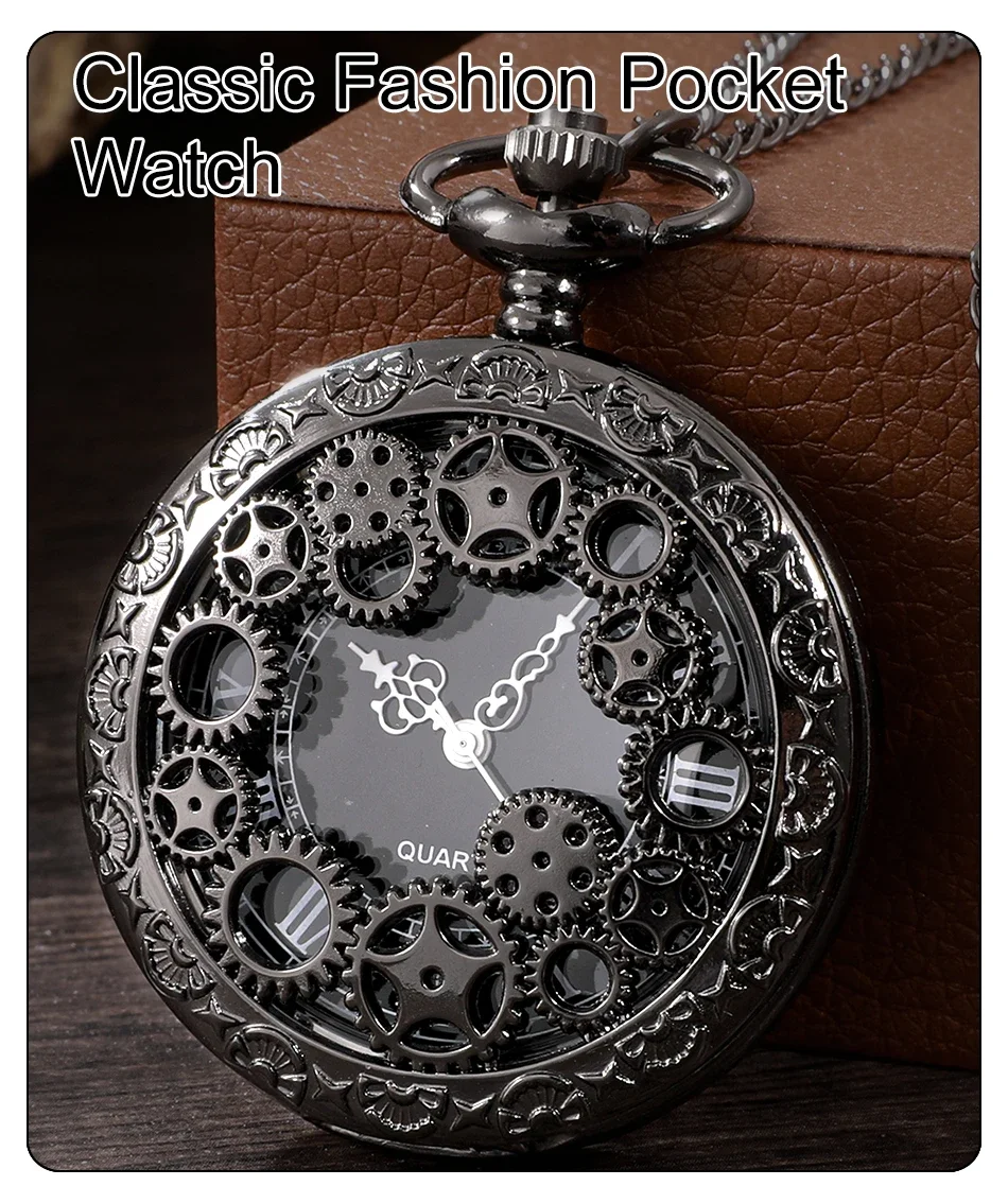 1R-Steampunk-Kupfer-Vintage-Hohlzahnrad-Hohl-Quarz-Taschenuhr-Halskette-Anhänger-Uhr-Kette für Männer und Frauen mit Kette, Geschenk – Detail 1