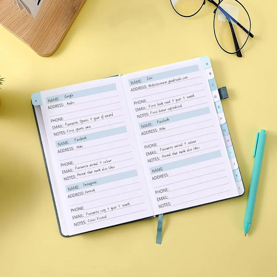 Livro de endereços, livro de endereços e senha com abas alfabéticas, capa dura, organizador de endereços, registro com poc