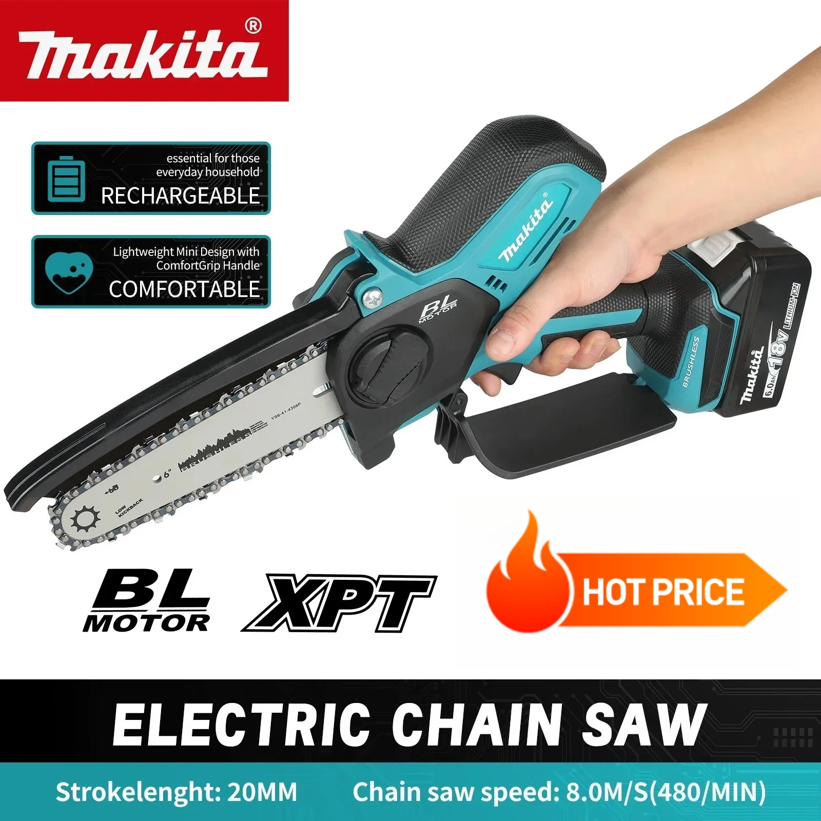 

Электрическая цепная пила Makita, бесщеточная, аккумуляторная, для батарей 18В/20В, мини-электропила, садовый электроинструмент