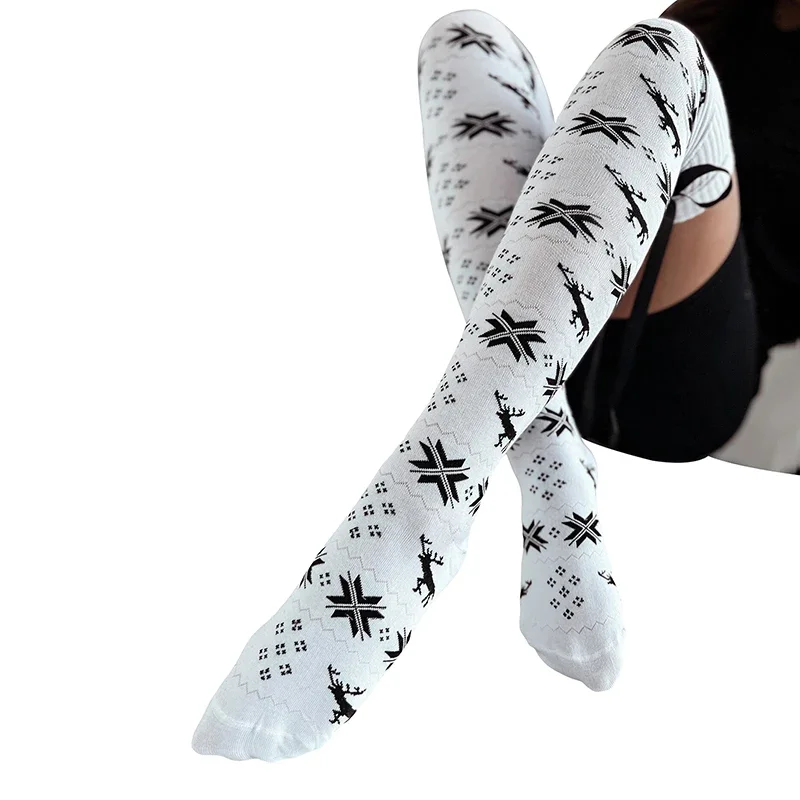 Christmas Women\'s Knit Thigh High Socks Autumn Spring Contrast Color Snowflake Print Long Stockings with Satin Thick Long Socks