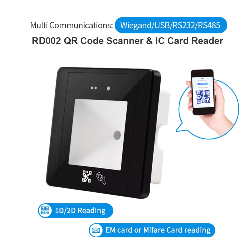 

Rakinda RD002 Embedded QR Code Scanner EM Mifare IC Card Reader with Weigand USB RS232 RS485 for Access Control and Turnstile