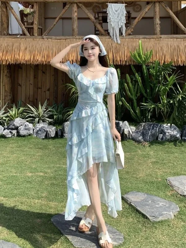 

plus Size Summer Vacation Floral Trim Short Sleeve Dress Women's High Waist A-Line Skirt Korean Style Commute Bright Thread S...