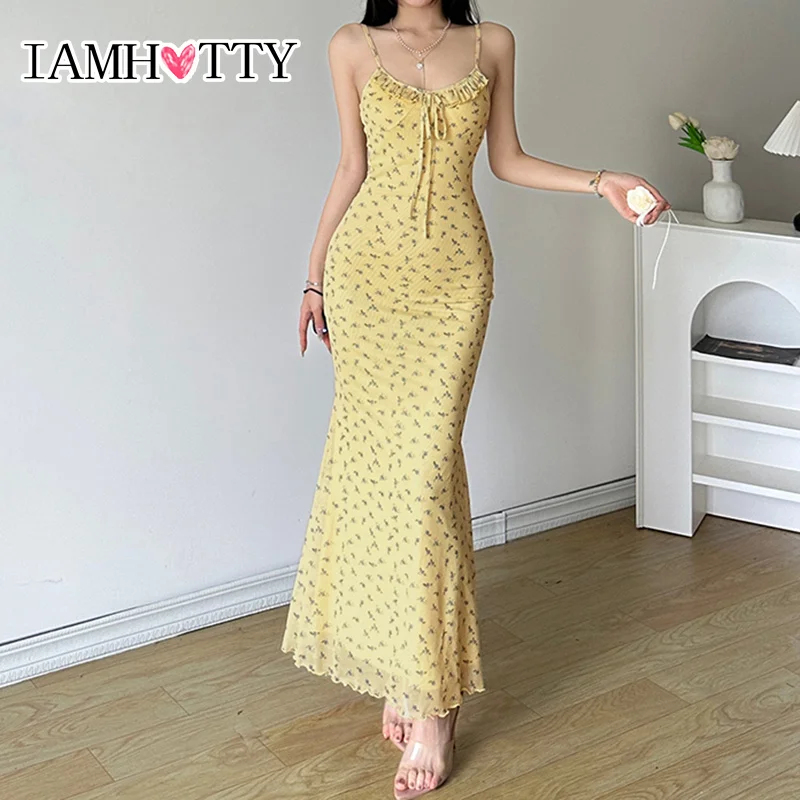 IAMHOTTY Boho Floral Print Sleeveless Long Dress for Holiday Party Y2K Aesthetic Lace-up Bow Fishtail Sundress Coquette Robe