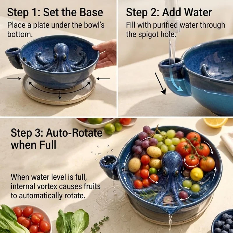 Berry Rinse Bowl Octopus Spinner Colander with Drainage Holes Berry Wash Bowl Basket with Holes Stoneware Fruit Rinse Bowl