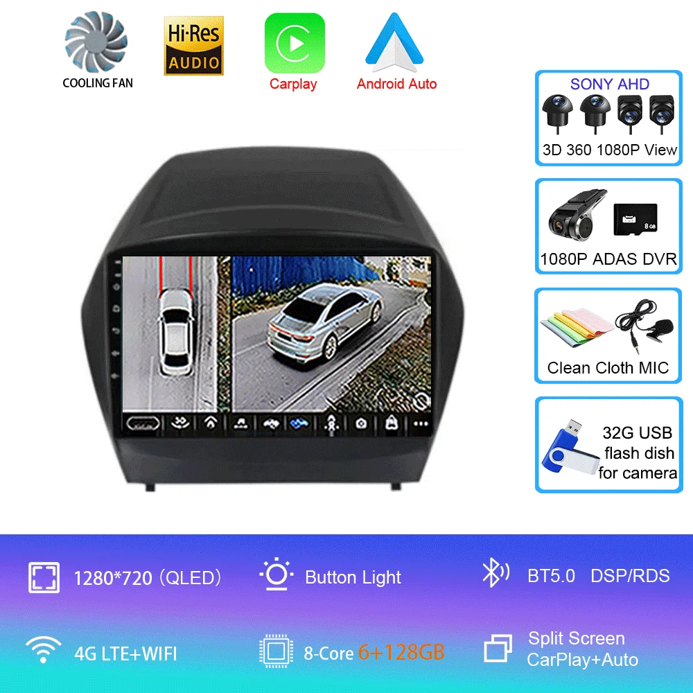 Android 16 Carplay autoradio voor Hyundai Tucson 2 LM IX35 2009-2015 navigatie GPS multimediaspeler WiFi stereo BT 360 camera