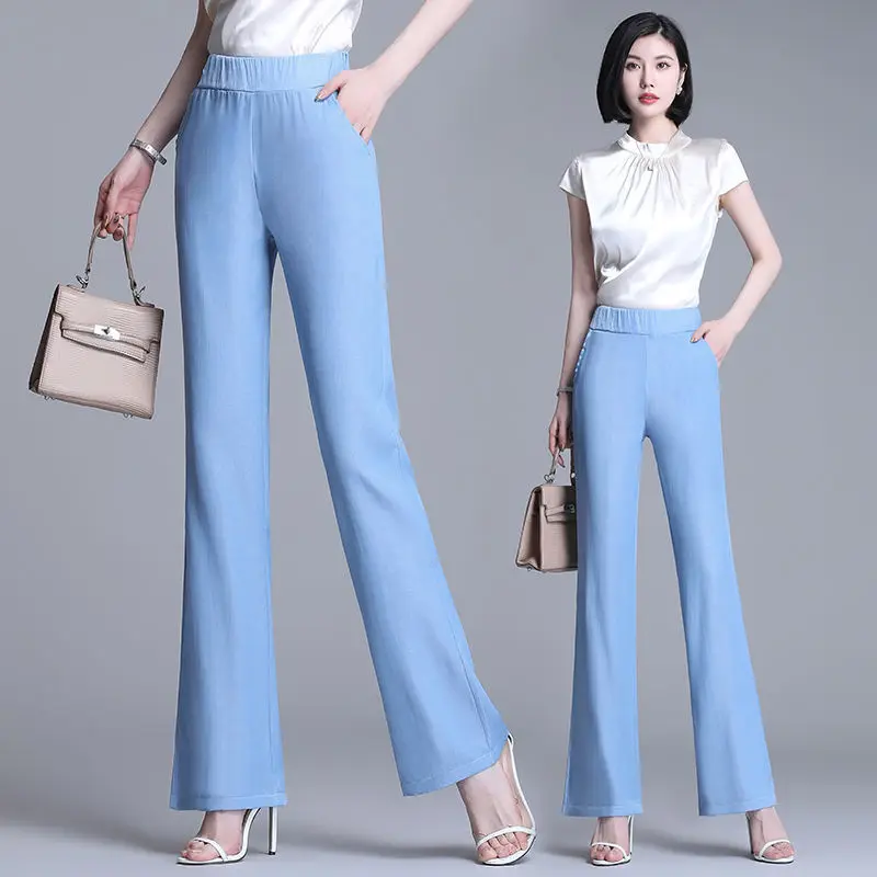 Spring Autumn New Elastic High Waist Loose Korean Casual All-match Women Straight Trousers Office Lady Fashion Solid Flare Pants