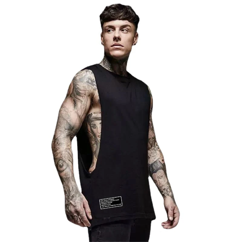 Men Gym Workout Clothing Back Extend Cut Off Fitness Vest Bodybuilding Tank Tops Summer Cotton Loose Open Side Sleeveless TShirt