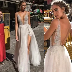 Deep V Backless Wedding Dress Lace Appliques Split Tulle Bridal Gown Sleeveless Sheer Open Back Wedding Dress Custom Bride Dress