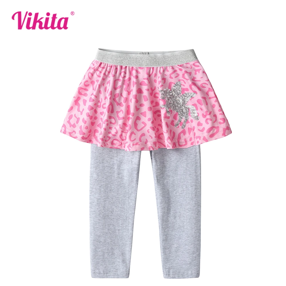 VIIKITA Girls Grey Leggings Kids Leopard Print Culottes Children Cotton Casual Skinny Elastic Pencil Pants Fake 2 PCS Leggings