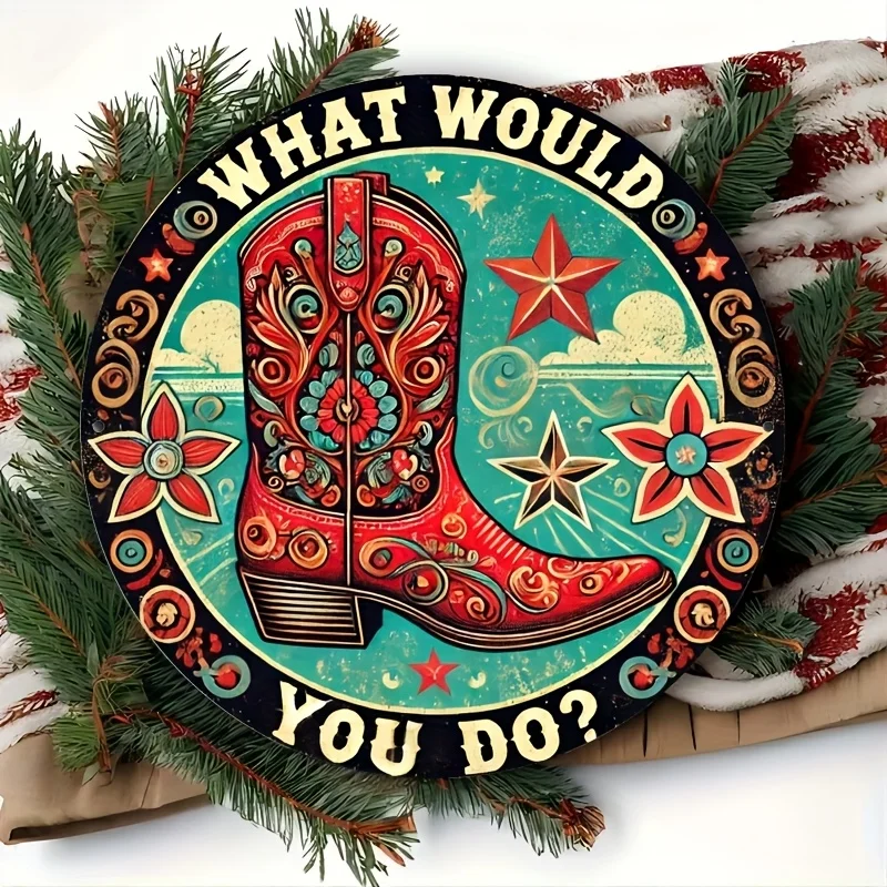 [2D Flat] Western Boots 2D Rustic Farmhouse Sign - 8x8 Inch Aluminum Wall Art with Red Cowboy Boots, Stars, and Floral Design -