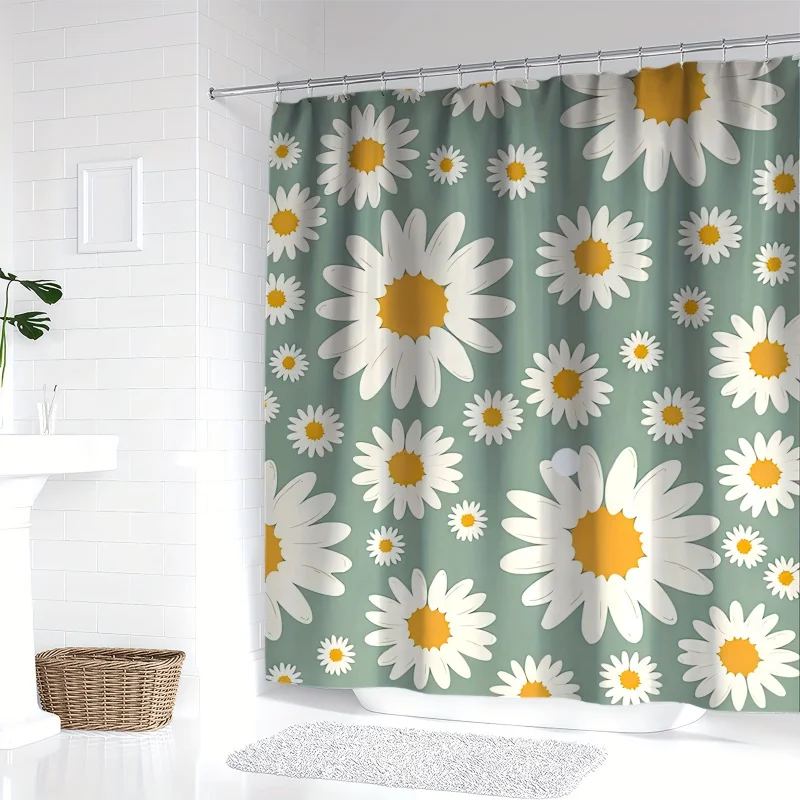 Daisy Delight Green Floral Shower Curtain Set - Waterproof Polyester with Hooks Included, Machine Washable, Perfect for All Seas