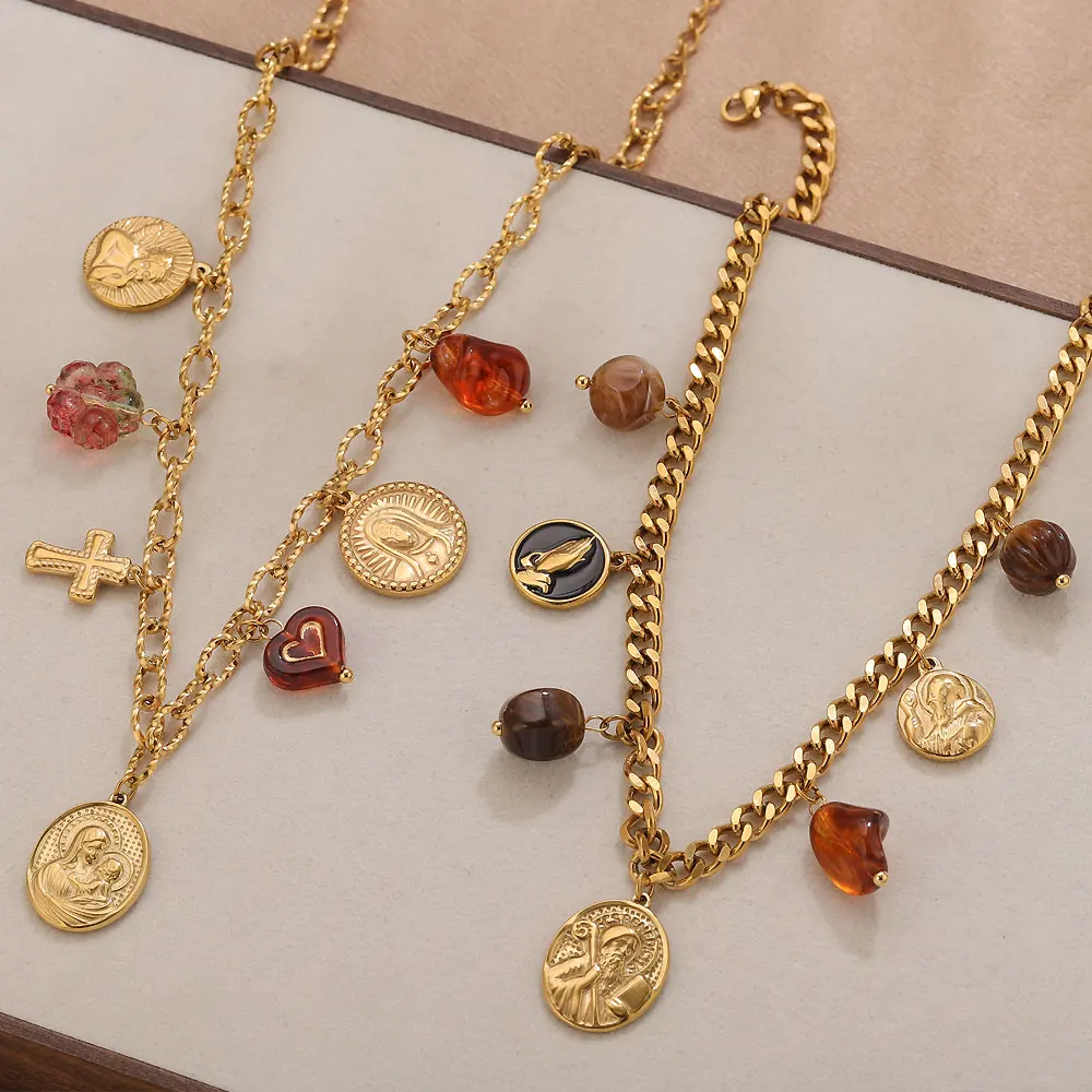 Jolivie Stainless Steel Saint Benedict With Virgin Mary Pendant Necklace For Women Gold Jewelry Religion Choker Necklace Neck