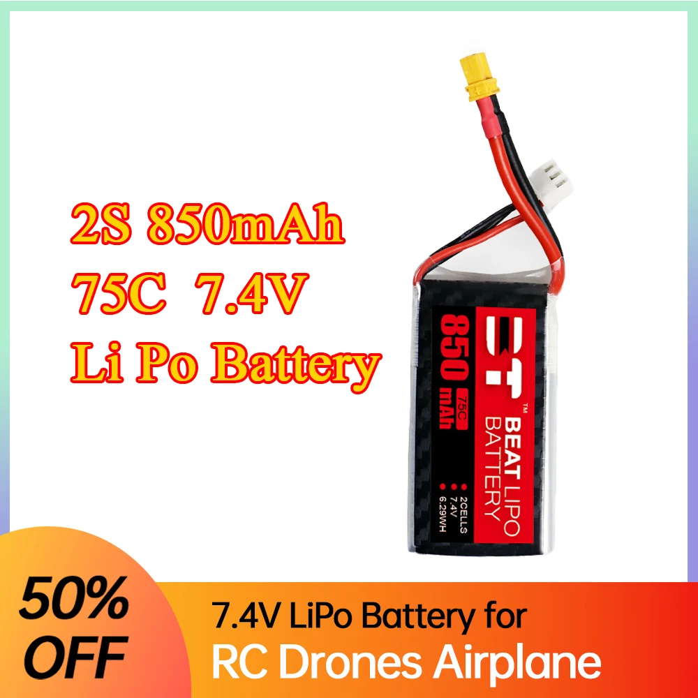 

2S Lipo Battery 850mAh 7.4V 75C with XT30/XT60 for Drones RC Quadcopter Helicopter Car Boats Spare Parts 2S Rechargeable Battery