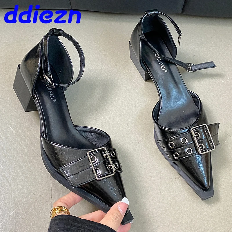 Female Pointed Toe Footwear Ankle Strap Ladies Medium Heels Shoes Shallow New 2024 Fashion Buckle Women 4cm Heels Pumps Shoes