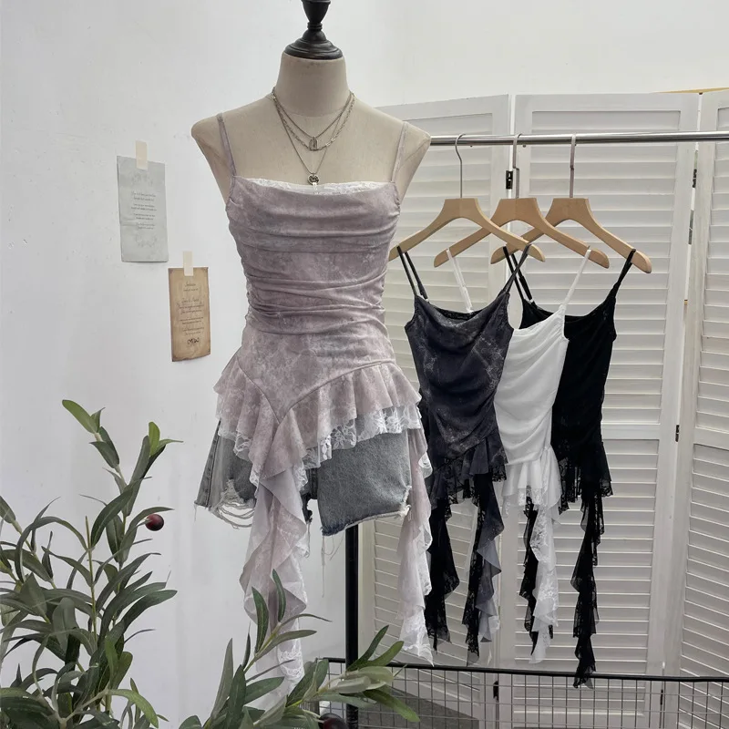 High Quality Hot Selling Wholesale Design Sense Irregular Lace Splicing Hem Ribbon Ruffle Edge Camisole Vest Mesh Top Mesh Top