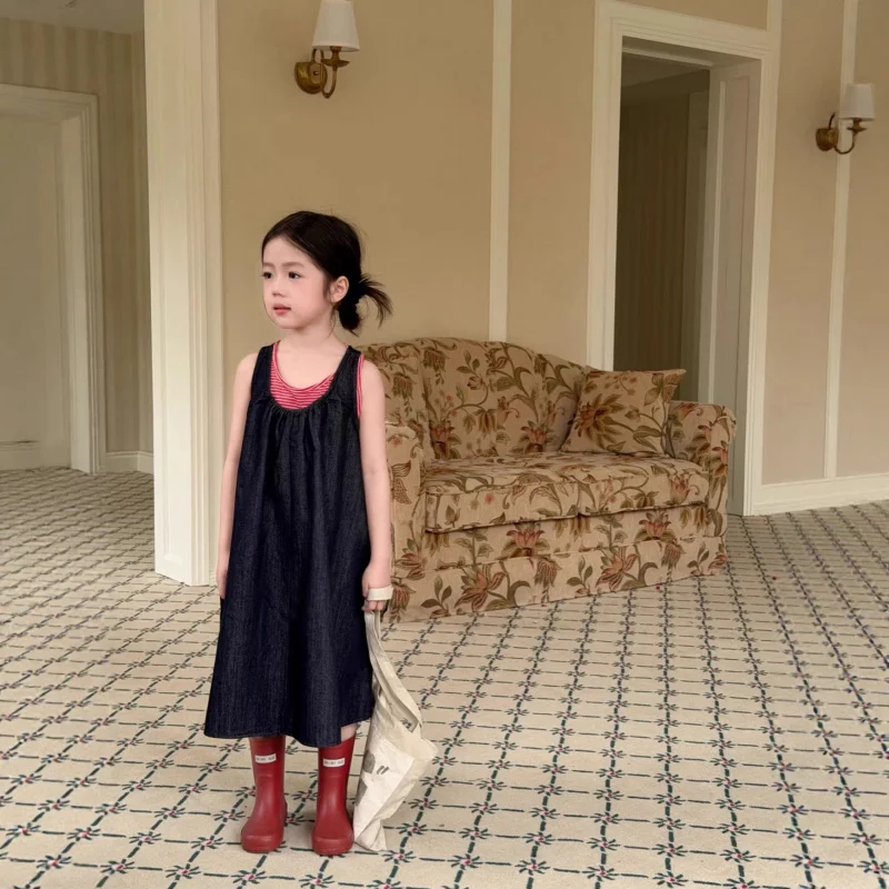 

Girls' Denim Dress Spring Summer2026Girl's Washed Denim Skirt, Tank Top Dress, Suspender Dress, Forest Style Dress