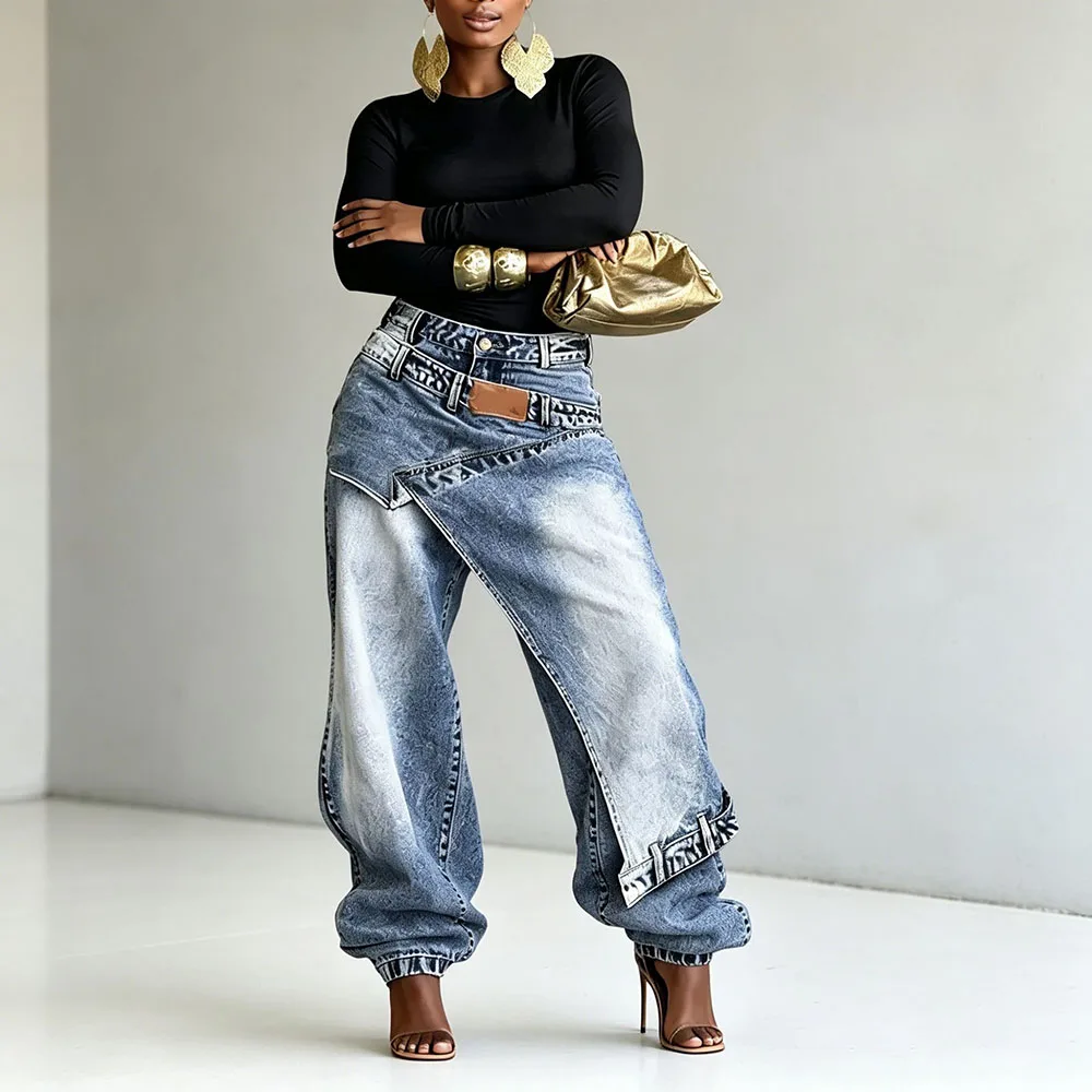 Women Creative Jeans New Arrival Layering Streetwear Denim Pants Solid Color Wide Leg Long Denim Trousers Loose Fit Jeans