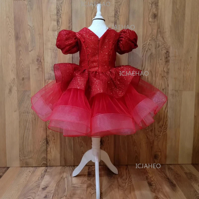 2026 New Princess Dress Red Girls Sequin Tutu Children First Birthday European Style Formal Pageant Party Gown Dresses Costume