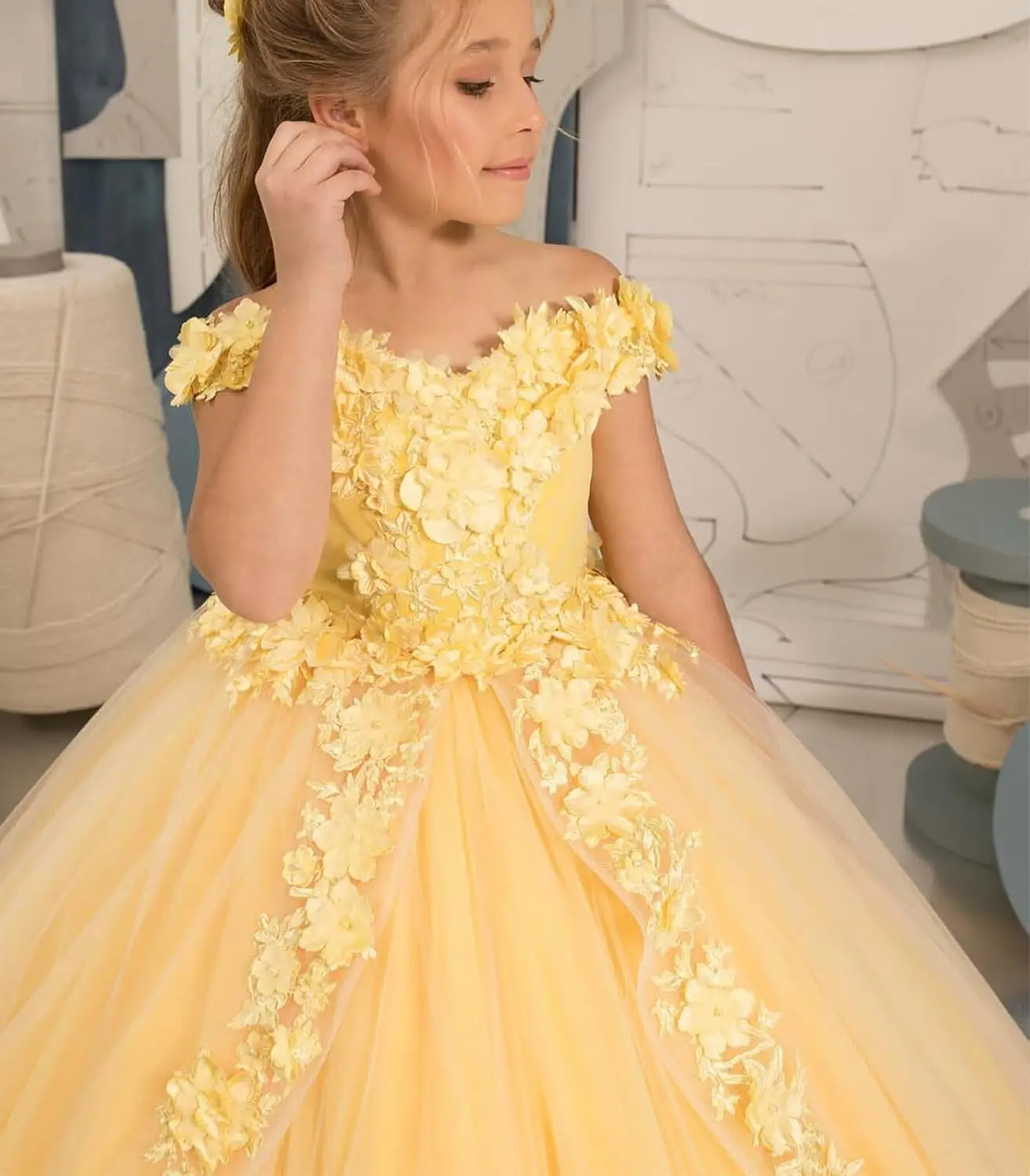 Flower Girl Wedding Dress Off Shoulder Heart-shaped Collar,Communion Princess Birthday Ball Party DinnerParty,Floor Length Dress