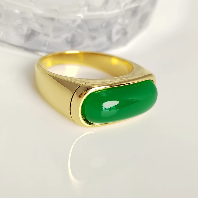 2024 Fashion Men's Stainless Steel Ring Inaly Green Jade Smooth Classic Engagement Wedding Band Rings for Men Women Gold Color