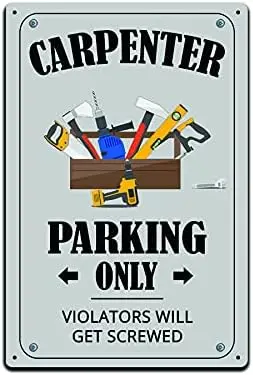 JP's Parcels Tin Signs Shop Wall Décor - Metal Sign for Workshop or Garage Gift 12 x 8 in. Carpenter Parking Only Violators