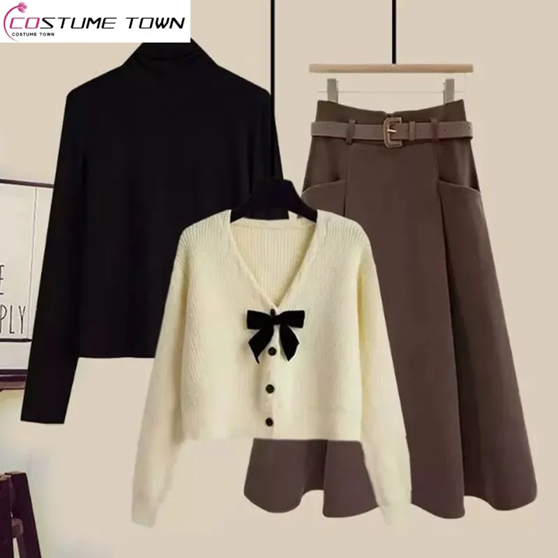 

Spring and Autumn Women's Set 2023 New Korean Fashion Cardigan Versatile Bottom Shirt Half Skirt Three Piece Set Fashion