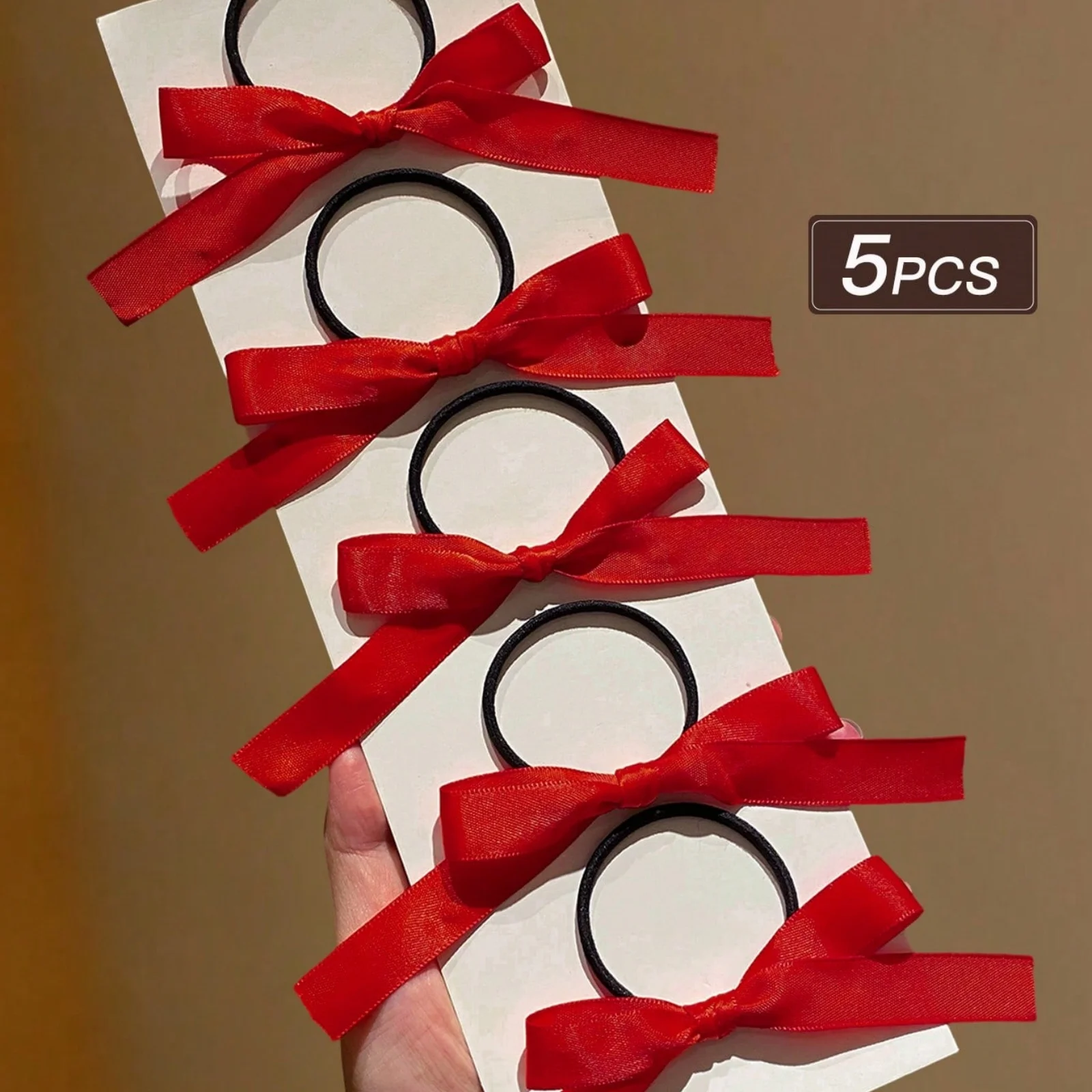 5 Stück Haargummis mit roter Schleife, Haargummis aus Satinband, Haarschmuck für Frauen und Mädchen, trendige Pferdeschwanzhalter für die tägliche Party – Detail 4
