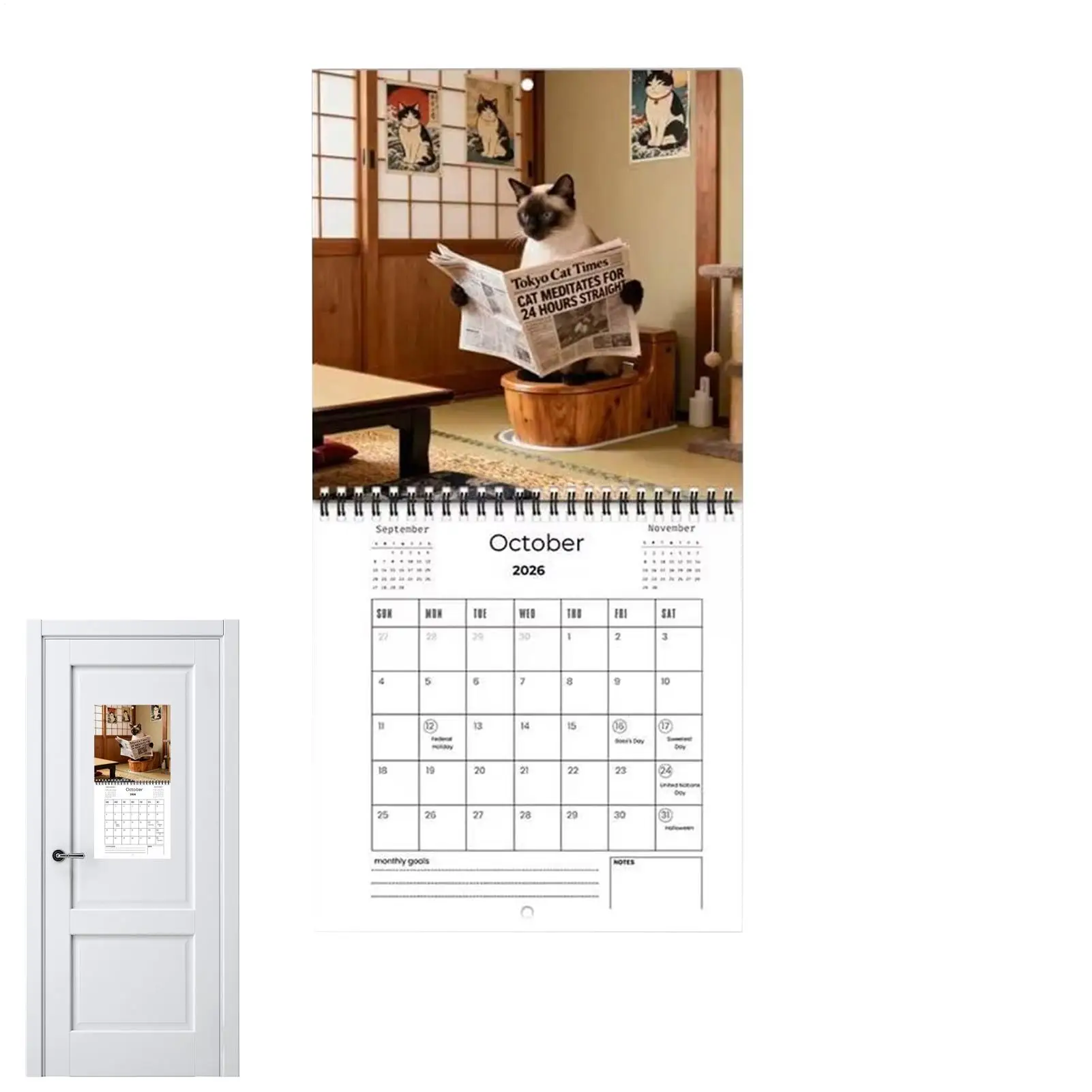 2026 Funny Cat Calendar 12 Monthly Cat Themed Calendar Squatting Toilet Reading The Newspaper Cat Planner Wall Calendar