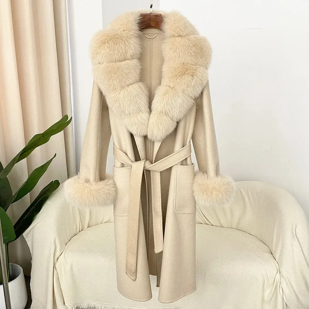 2024 New Wool Coat Wool Ladies Natural Fox Fur Collar Real Fur Coat Winter Jacket Ladies Belt Warm Coat Street Wear