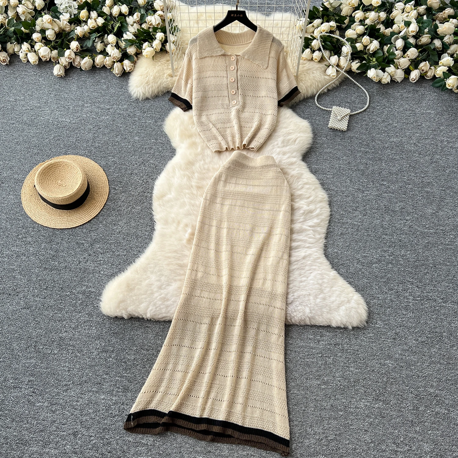 

Elegant striped sweet hollow out Casual Single Breasted Knit Polo-neck Chic Slim High Waist Korean mermaid dress Two-piece Sets