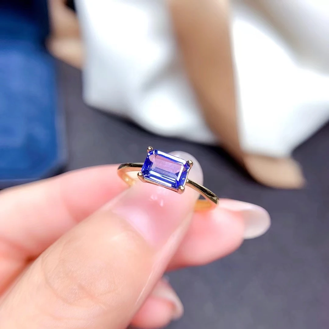 CoLifeLove 5*7mm 0.8ct Emerald Cut Natural Tanzanite Engagement Ring 100% Real 925 Silver Tanzanite Jewelry Gift for Girlfriend