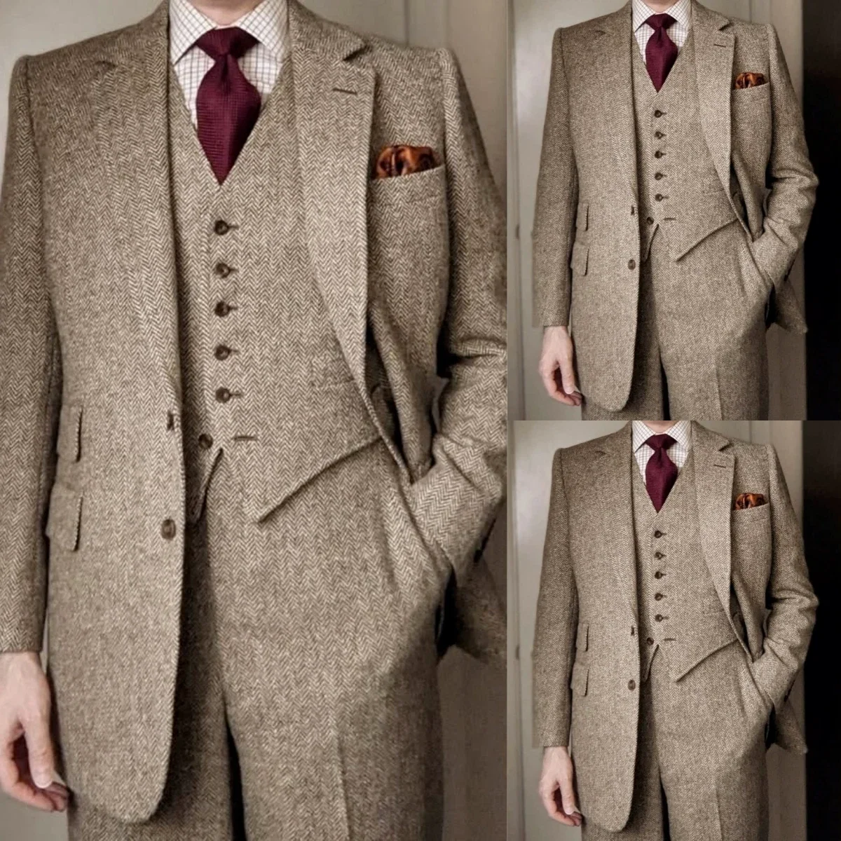 Men Herringbone Tweed 3 Piece Suit Notch Lapel Vintage Wedding Groom Blazer Vest Pants Set Formal Business Outdoor Customized