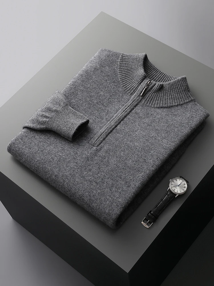 Men's Mock Neck Half Zippers Sweater Pullovers Autumn Winter 100% Merino Wool Knitwear Casual Long Sleeve Cashmere Clothing Tops
