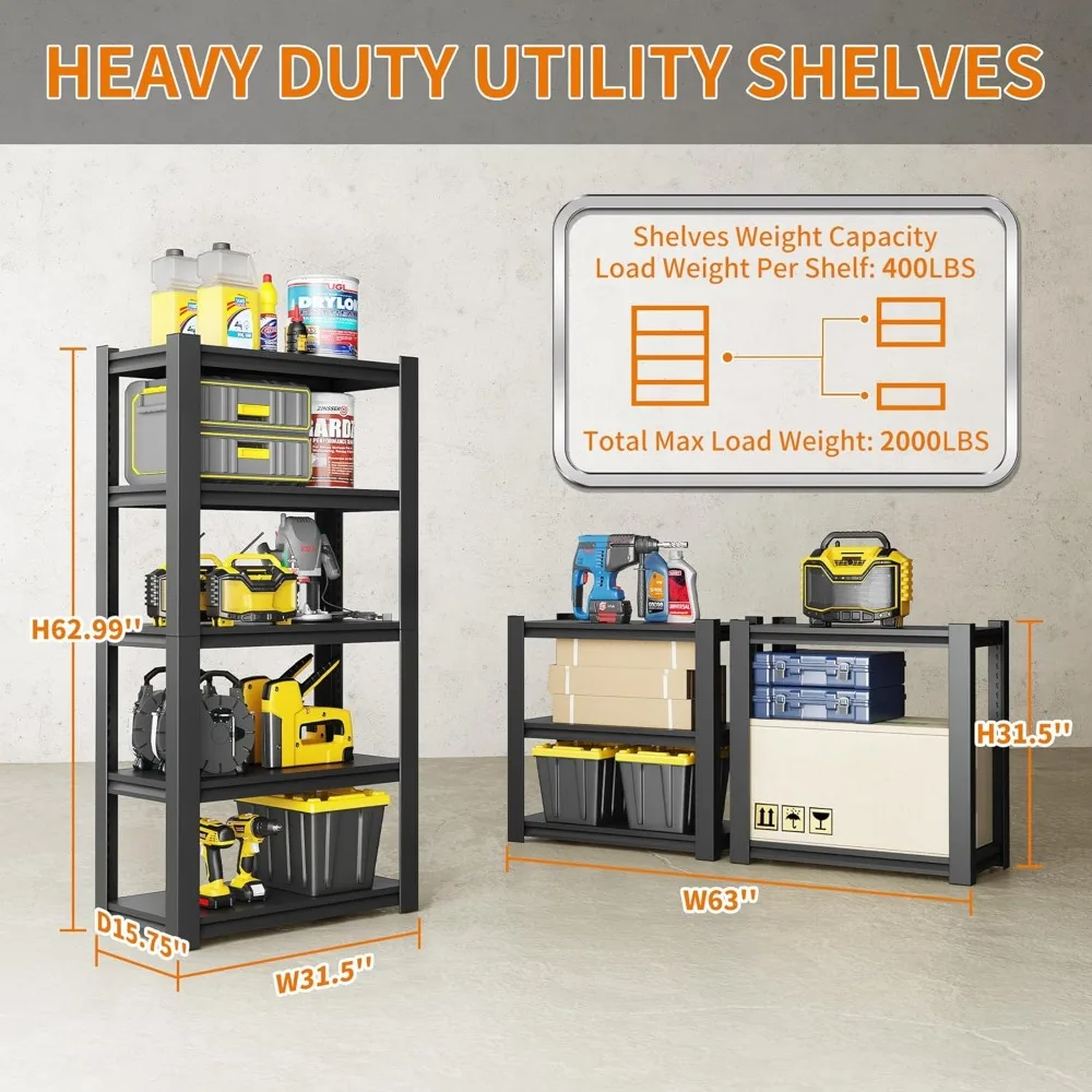 63"H Heavy Duty Garage Shelving 3000LBS Storage Shelves Adjustable 5 Tier Metal Shelving Unit,Industrial Utility Rack for Garage
