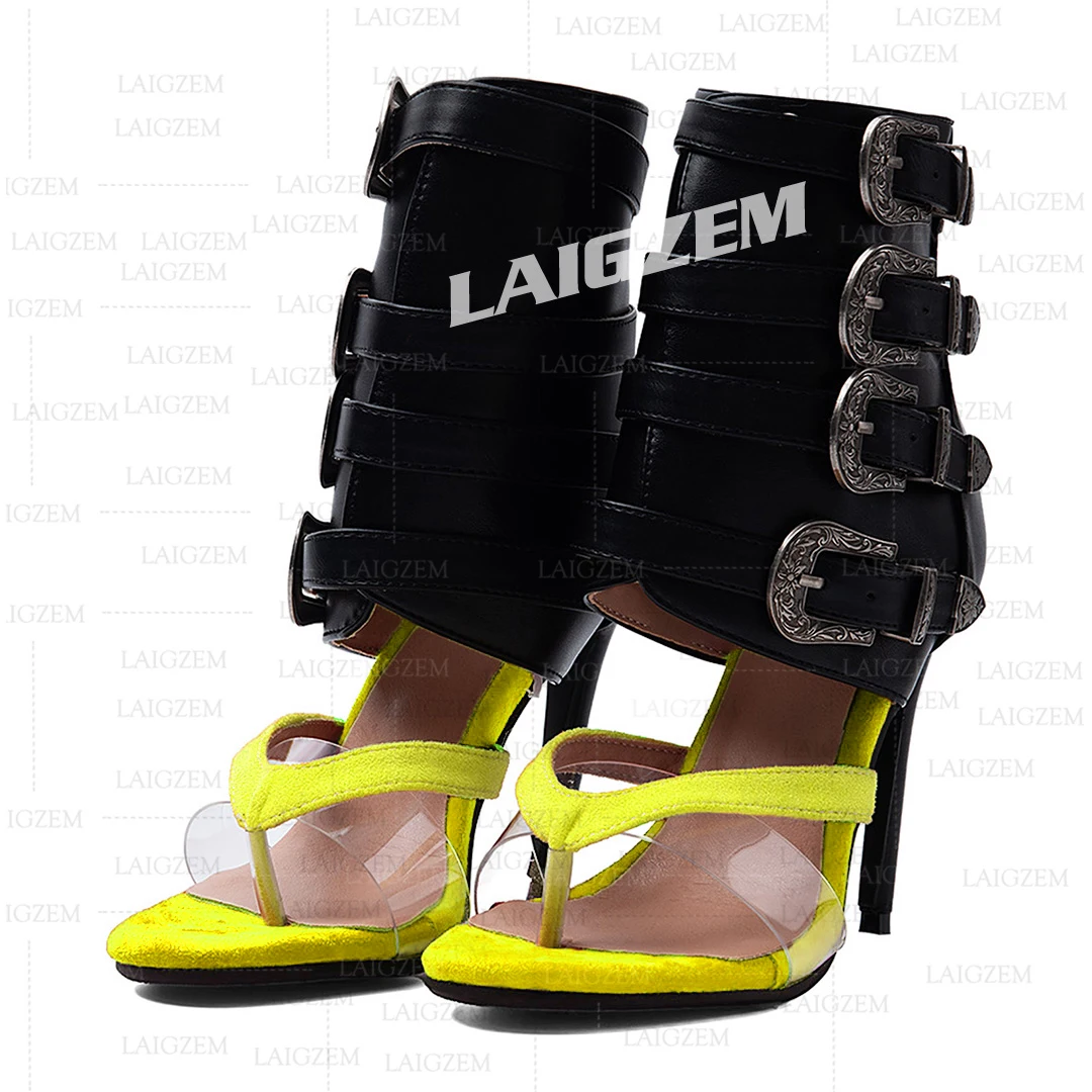 LAIGZEM Women Sandals Open Toe Patchwork Buckle StrapsThin High Heels Pumps Ladies Flip Flip Shoes Woman Large Size 39 41 44 52