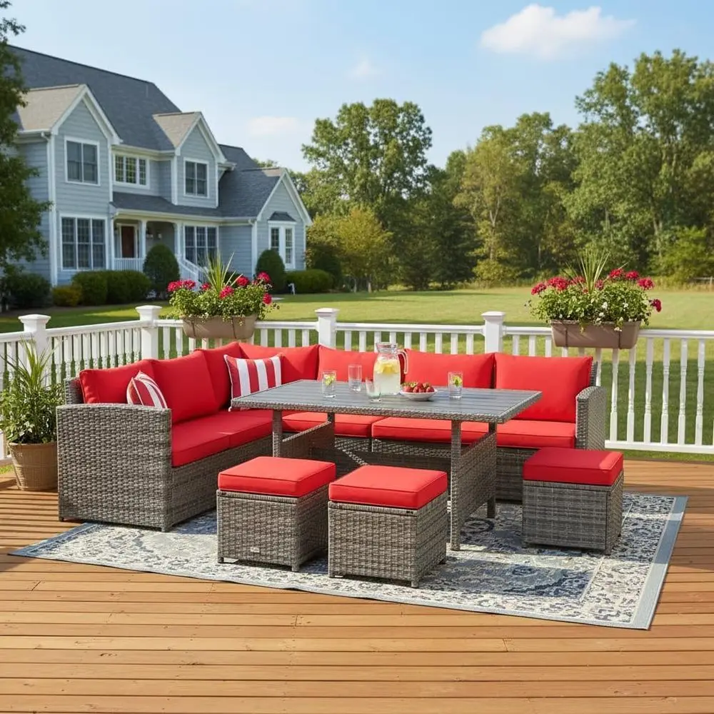 

7-Piece Outdoor Sectional Patio Furniture Set with Cushions, All-Weather Wicker Sofa, Dining Table, and Ottomans for Garden, Poo