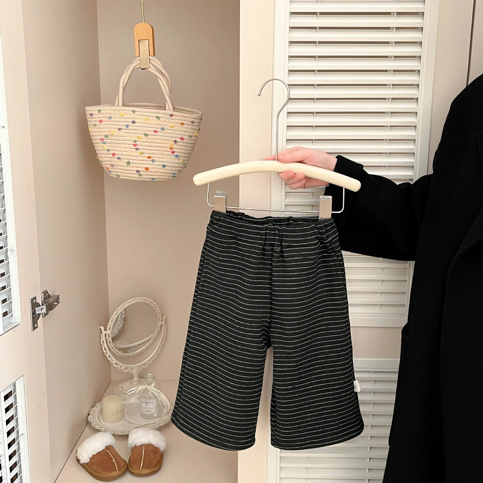 بنطال مستقيم الساق مخطط سميك واسع الساق مبطن بالصوف رشاقته Grils الأطفال الأولاد كل مطابقة المألوف مريح