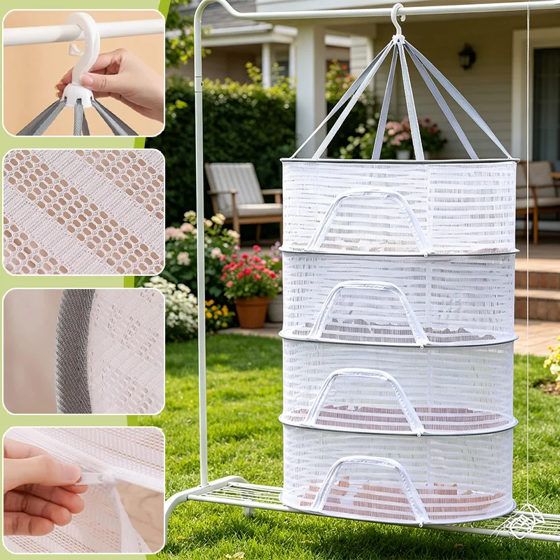 4-Layer Foldable Hanging Dry Net Anti-Insect Food Drying Cage Breathable Mesh Hanging Dryer for Fish Fruit Herb Vegetable Home