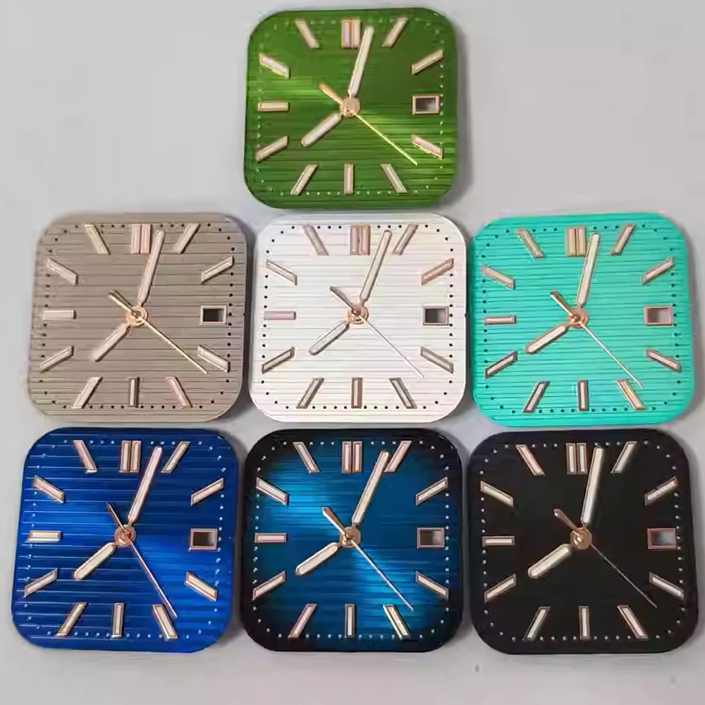 

29.5MM Watch Dial Green Luminous Rose Nails Square Watch Faces + Hands for NH35 NH36 Movement Single Calendar Dial NH35 Pointer