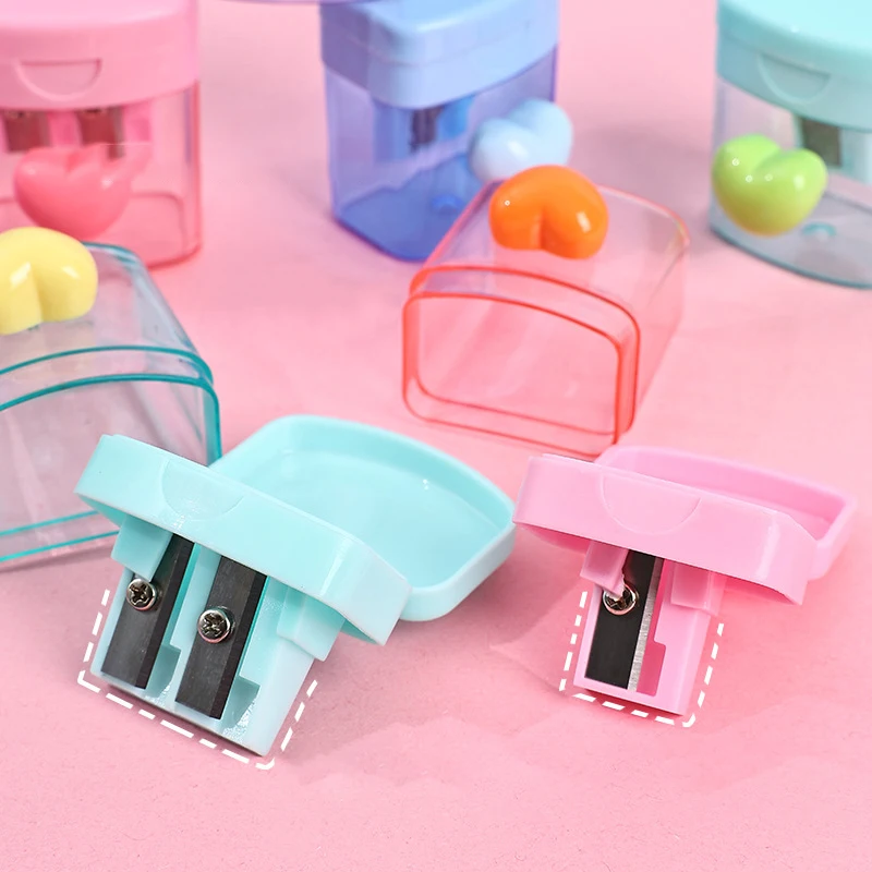 Mini Single Double Holes Heart Sharpener Portable Clear Pencil Sharpener With Lid Class Rewards Party Supplies For Children Gift