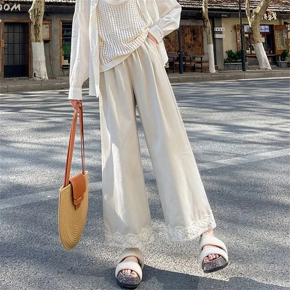 Women's Black Elastic Waist Wide Leg Pants 2026 Summer Casual Loose Lace Trousers Sweet Cute Y2K Streetwear Fashion Office Pants